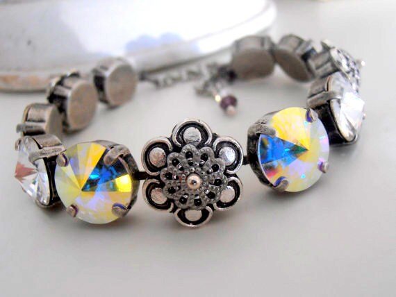 Aurora Borealis Rivoli Crystal Tennis Bracelet 12mm, Anna Wintour Style Jewelry, Embellishment , Antique silver