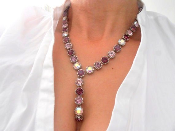 Amethyst Multi-color Y long Necklace in Platinum, Art Deco Wedding Jewelry, Filigree Lariat, Wife Christmas Gift