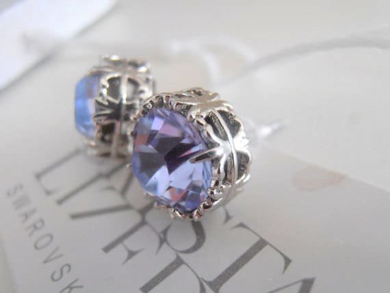 Violet Crystal Post Earrings, Bridal Filigree Studs, Wedding Platinum Jewelry, Pierced Setting, Girl Birthday Gift