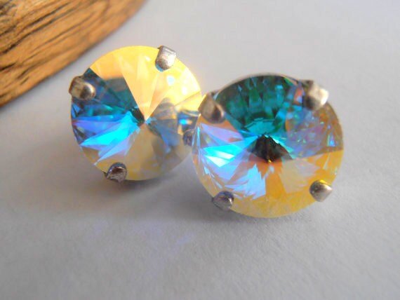 Aurora Borealis Stud Earrings in Silver 12mm Rivoli Studs