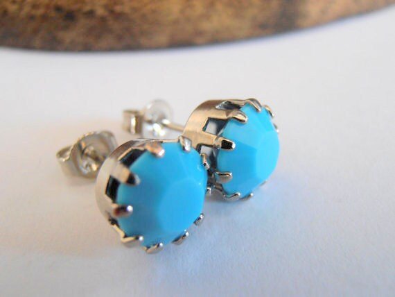 Blue Turquoise Stud Earrings in Platinum | Pierced Jewelry 