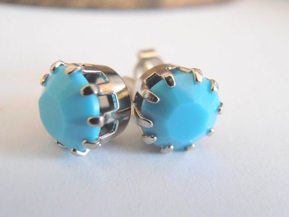 Blue Turquoise Stud Earrings in Platinum | Pierced Jewelry 