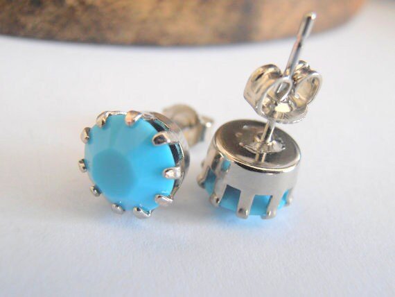 Blue Turquoise Stud Earrings in Platinum | Pierced Jewelry 