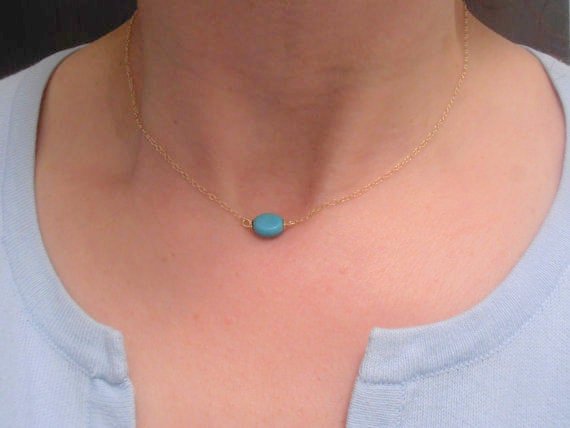 Everyday Minimalist Turquoise Necklace / Gold fill bean pendant / Charm jewelry for modern layering