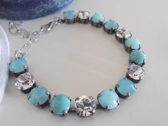 Turquoise Blue Pastel Tennis Bracelet, Antique Jewelry, Silver Cup chain, Multicolor Crystal Chatons