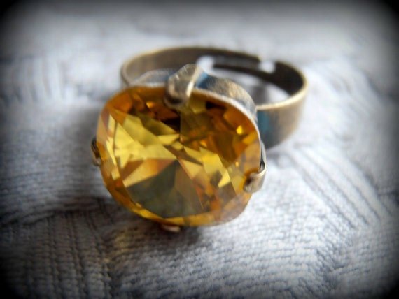 Light Topaz Cushion Cut Adjustable Ring / 4470 Yellow Crystal 12mm / Antique Bronze Bohemian Jewelry / Birthday Present for Women