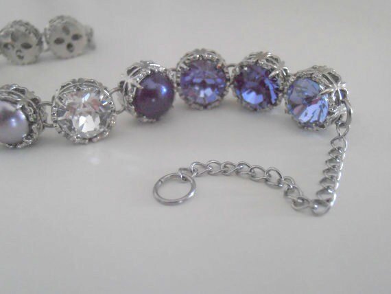 Crystal and Pearls Lavender Filigree Bracelet, Art Deco Jewelry in Platinum, Women Birthday Gift