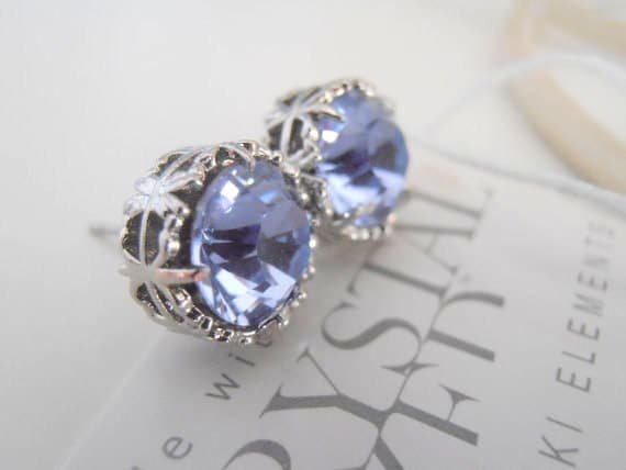 Violet Crystal Post Earrings, Bridal Filigree Studs, Wedding Platinum Jewelry, Pierced Setting, Girl Birthday Gift