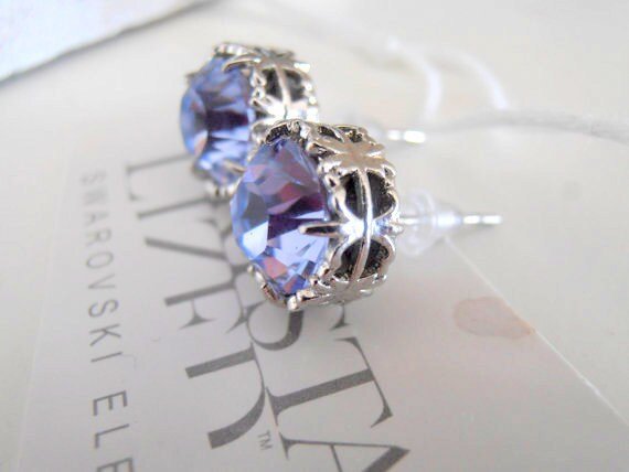 Violet Crystal Post Earrings, Bridal Filigree Studs, Wedding Platinum Jewelry, Pierced Setting, Girl Birthday Gift