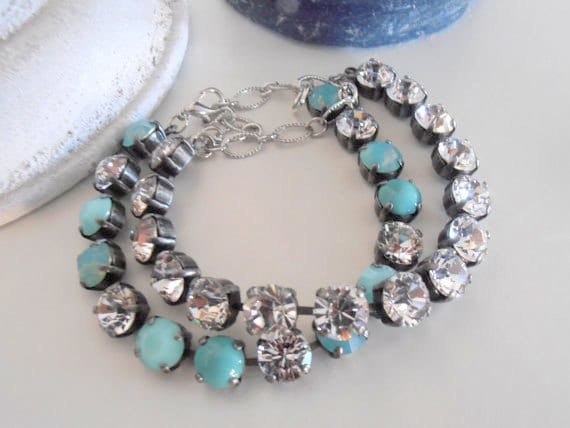 Turquoise Blue Pastel Tennis Bracelet, Antique Jewelry, Silver Cup chain, Multicolor Crystal Chatons