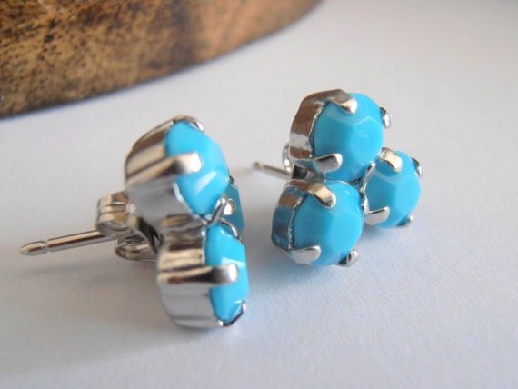 Turquoise Blue Platinum Post Earrings / Flower Crystal Studs / Birthday Gift