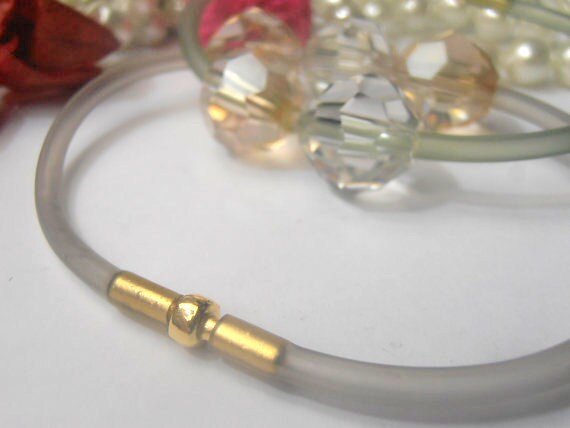 Crystal Beads Bracelet 12mm / Golden Shade Silver Shade /  Rubber Cord cuff / Beaded jewelry / 