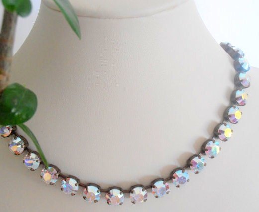 Aurora Borealis Crystal Tennis Necklace, AB Bronze Choker, Antique Jewelry, Mother's day gift