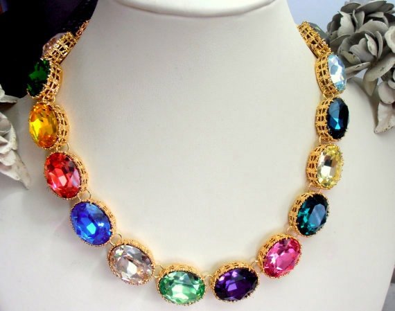 Anna Wintour Necklace, Rainbow Riviere Choker made with Oval Crystals, Filigree Collet, Wedding Art Deco Jewelry, Women Gift Ideas