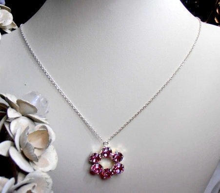 Antique Pink Flower Crystal Pendant, Silver Circle Chain Necklace, Costume Jewelry, Birthday Gift for her