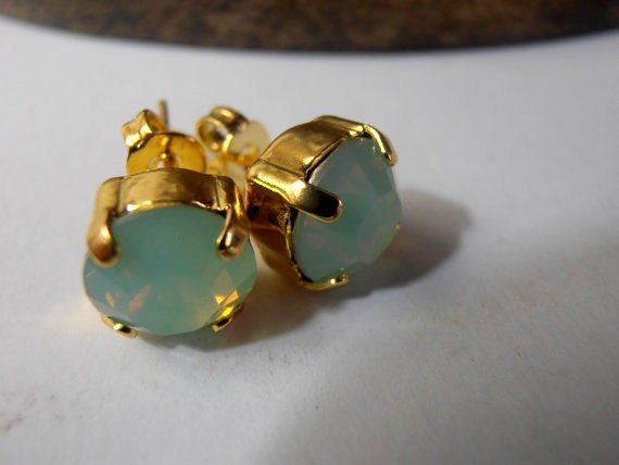 Chrysolite Opal Crystal Gold Studs, Green Post Pierced Earrings, Minimalist Jewelry for Girls, Graduation Party Gift