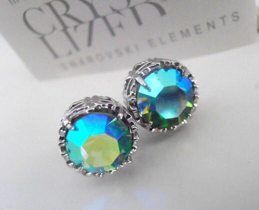 Peridot Shimmer Crystal Stud Earrings / Pierced Post /  Art Deco Filigree Costume Jewelry / Women Gifts