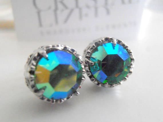 Peridot Shimmer Crystal Stud Earrings / Pierced Post /  Art Deco Filigree Costume Jewelry / Women Gifts