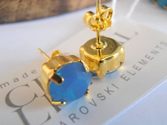 Caribbean blue opal Gold Earrings / Crystal Studs / Pierced Post / Gold Jewelry / Birthday Gift