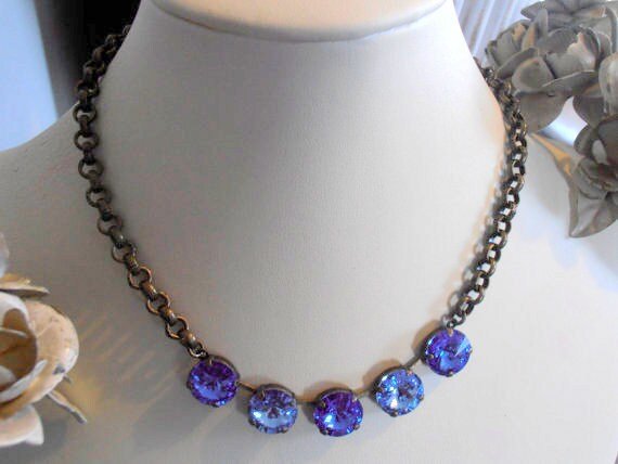 Sapphire Blue Crystal Chain Necklace, Rivoli Collet, Antique Bronze Jewelry, Mother's Day Gift, Blue Tennis Cup chain  Choker