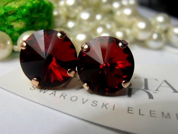 Siam Red Crystal Stud Earrings in Rose Gold / Rivoli Post 1122 / Fashion Jewelry / Gift for her