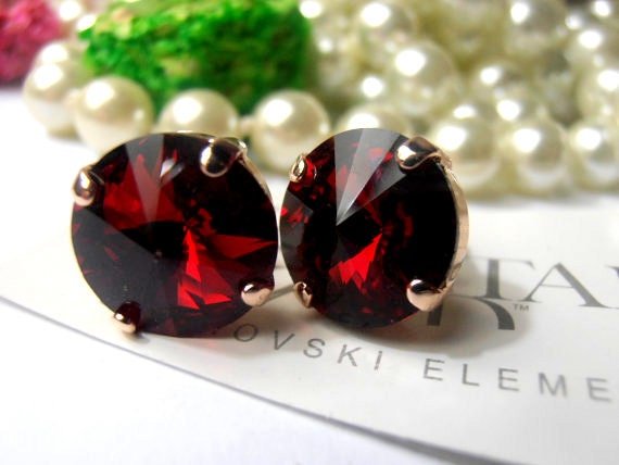 Siam Red Crystal Stud Earrings in Rose Gold / Rivoli Post 1122 / Fashion Jewelry / Gift for her