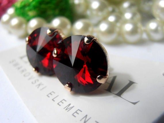 Siam Red Crystal Stud Earrings in Rose Gold / Rivoli Post 1122 / Fashion Jewelry / Gift for her