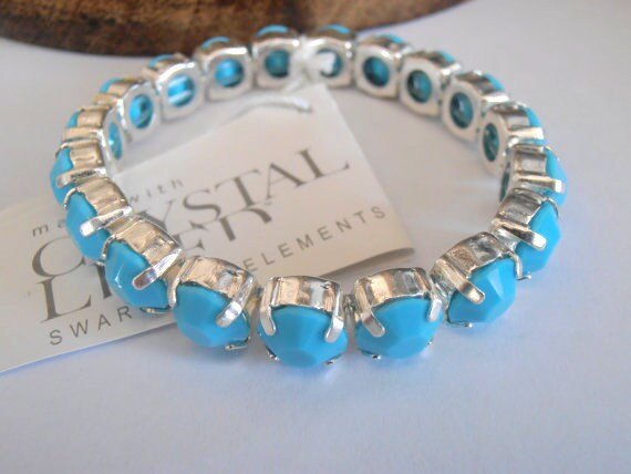 Turquoise Stretch Cuff Bracelet made with Crystal Chatons 8mm / Blue Silver Wrap Fashion Accessories