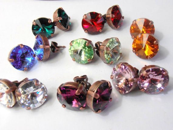 Crystal Rivoli Earrings /12mm Studs / Pierced Post Earrings / Antique copper / Emerald Green / Sapphire Blue Studs