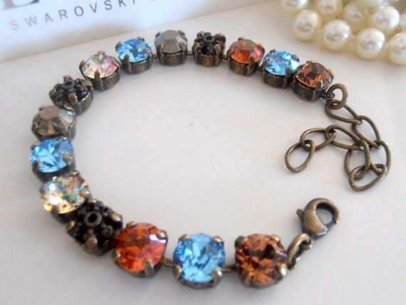 Brown Multicolors Tennis Crystal Bracelet / Filigree / Antique Bronze Jewelry / Copper Chatons / SS39 / Birthday Gift