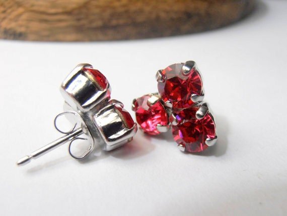 Indian Pink stud earrings, 6mm crystal, Platinum plated, Flower, prong setting, post earrings, costume jewelry