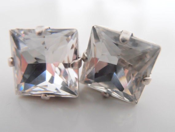 Clear Crystal Square Stud Earrings / 10mm Princess Cut / 4447 Antique Silver Post / Bridesmaids Costume Jewelry