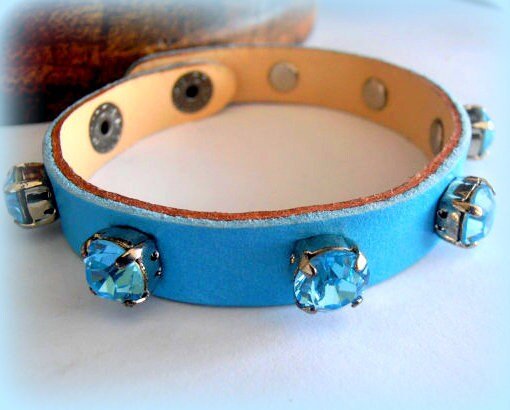 Turquoise Leather Cuff Bracelet / Aquamarine Crystal Bracelet /  Leather Strap Adjustable Bracelet / ss39 Crystal Chatons / Gift for her