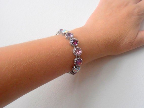 Amethyst Purple Filigree Bracelet, Art Deco Crystal Jewelry, Link Cup chain, Platinum Tennis Setting, Birthday Gift for her