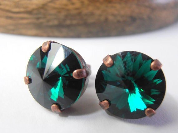 Crystal Rivoli Earrings /12mm Studs / Pierced Post Earrings / Antique copper / Emerald Green / Sapphire Blue Studs