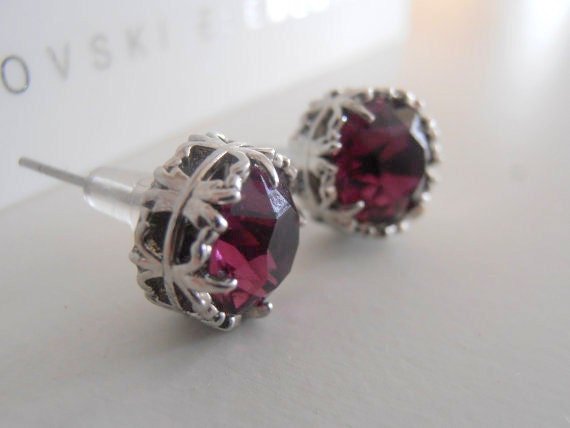 Purple Amethyst Crystal Stud Earrings, Platinum Filigree Pierced Post, Art Deco Jewelry, Girl Christmas Gift