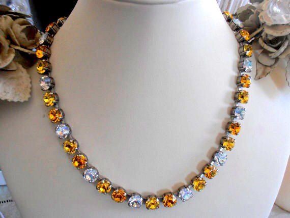 Multi-colors Sunflower Yellow Tennis Necklace, Crystal Choker, 8mm Chatons, Antique silver Jewelry, Gift for Sister