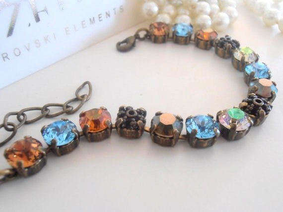 Brown Multicolors Tennis Crystal Bracelet / Filigree / Antique Bronze Jewelry / Copper Chatons / SS39 / Birthday Gift