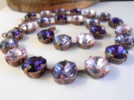 Purple Square Crystal Collet Necklace in Antique Bronze