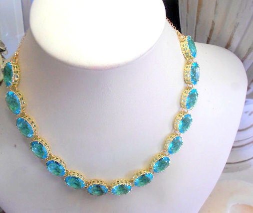 Light Turquoise Riviere Chunky Crystal Necklace, Oval Georgian Statement Collet, Contemporary Jewelry, Birthday Gift for her