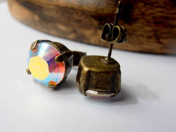 Aurora Borealis Bronze Stud Earrings, Pierced Post, Antique Jewelry, Fashion Accessories, Girl 20th Birthday Gift