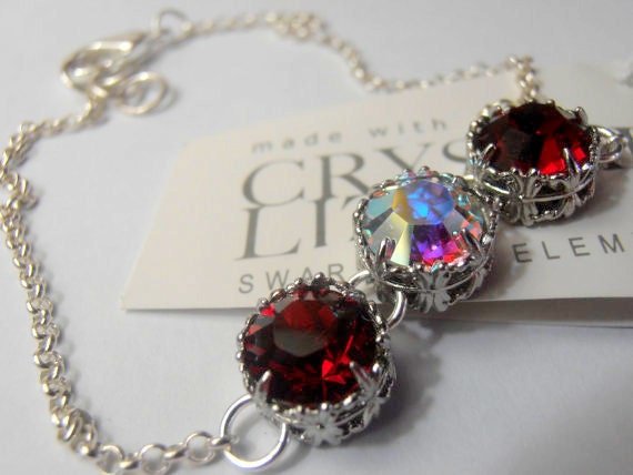 Art Deco Dainty Chatons Crystal Bracelet / Ruby Red Aurora Borealis Chain Jewelry / Platinum Filigree / Women Gift for christmas