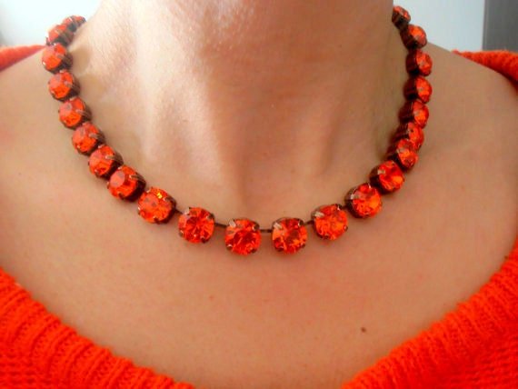 Anna Wintour Hyacinth Collet, Orange Crystal Tennis Necklace, Women Jewelry, Cup Chain Choker SS45, Anniversary Gift