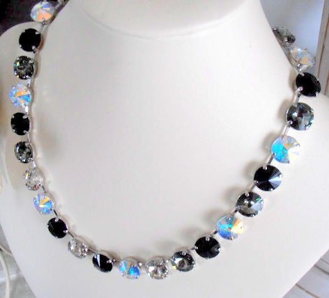 Multicolors Black Crystal Rivoli Necklace, Manhattan Choker, Tennis Cup chain 12mm, Bib, Birthday gift