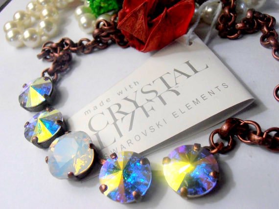 Aurora Borealis-White Opal Rivoli Pendant Necklace, Crystal Choker 12mm 1122, Cushion Cut Cup chain Prom Jewelry, Woman Birthday Gift