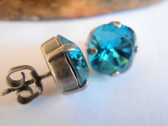 Blue Crystal Cushion Cut Studs / Post Pierced earrings / Square 12mm / 4470 / Antique Silver setting