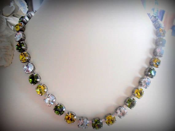 Dark Green Multi-color Crystal Necklace, Tennis Cup chain, 8mm chatons, Antique silver Jewelry