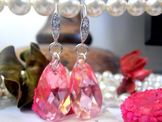 Light Rose Tear Drop Crystals in a 925 Sterling Silver setting Dangle Earrings, Bridal Earrings Hook Earrings