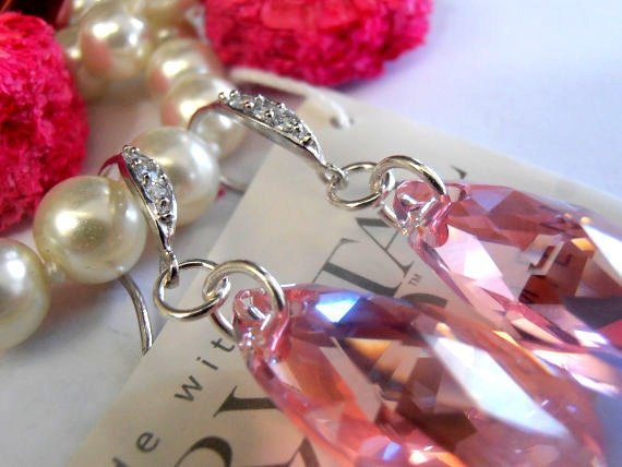 Light Rose Tear Drop Crystals in a 925 Sterling Silver setting Dangle Earrings, Bridal Earrings Hook Earrings