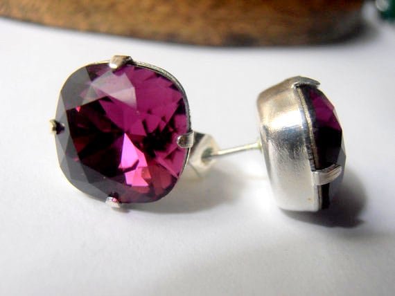 Amethyst Cushion Cut Stud Earrings, Fancy Purple, Crystal Post Earrings, Cocktail Square Cut Jewelry, Manhattan Style